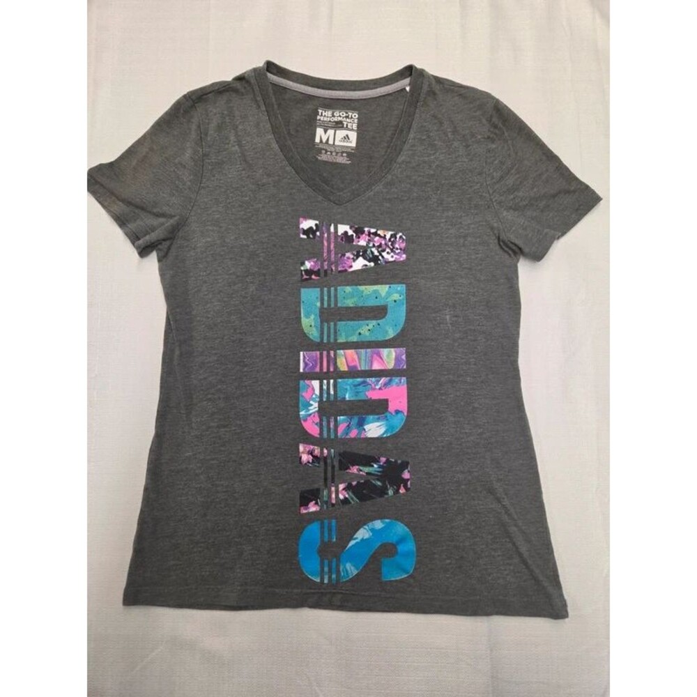 Adidas Gray Go-To Performance V-Neck Graphic Tee - Medium